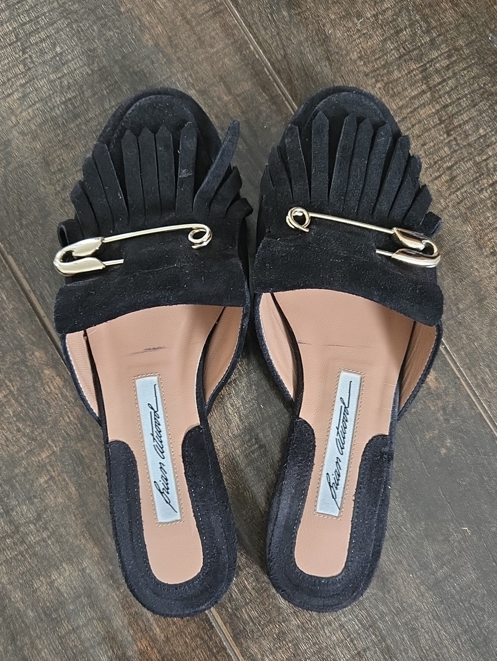 Brian Atwood Black Suede Fringe Mules with Pin
